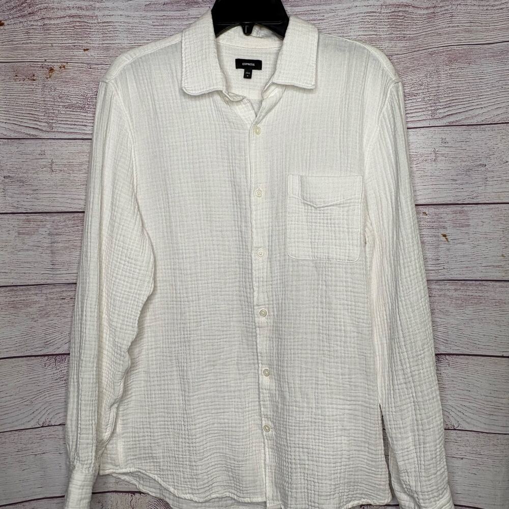 Express Boyfriend Cotton Gauze Beachy Coastal Long Sleeve Button Down Top Medium - Picture 9 of 9